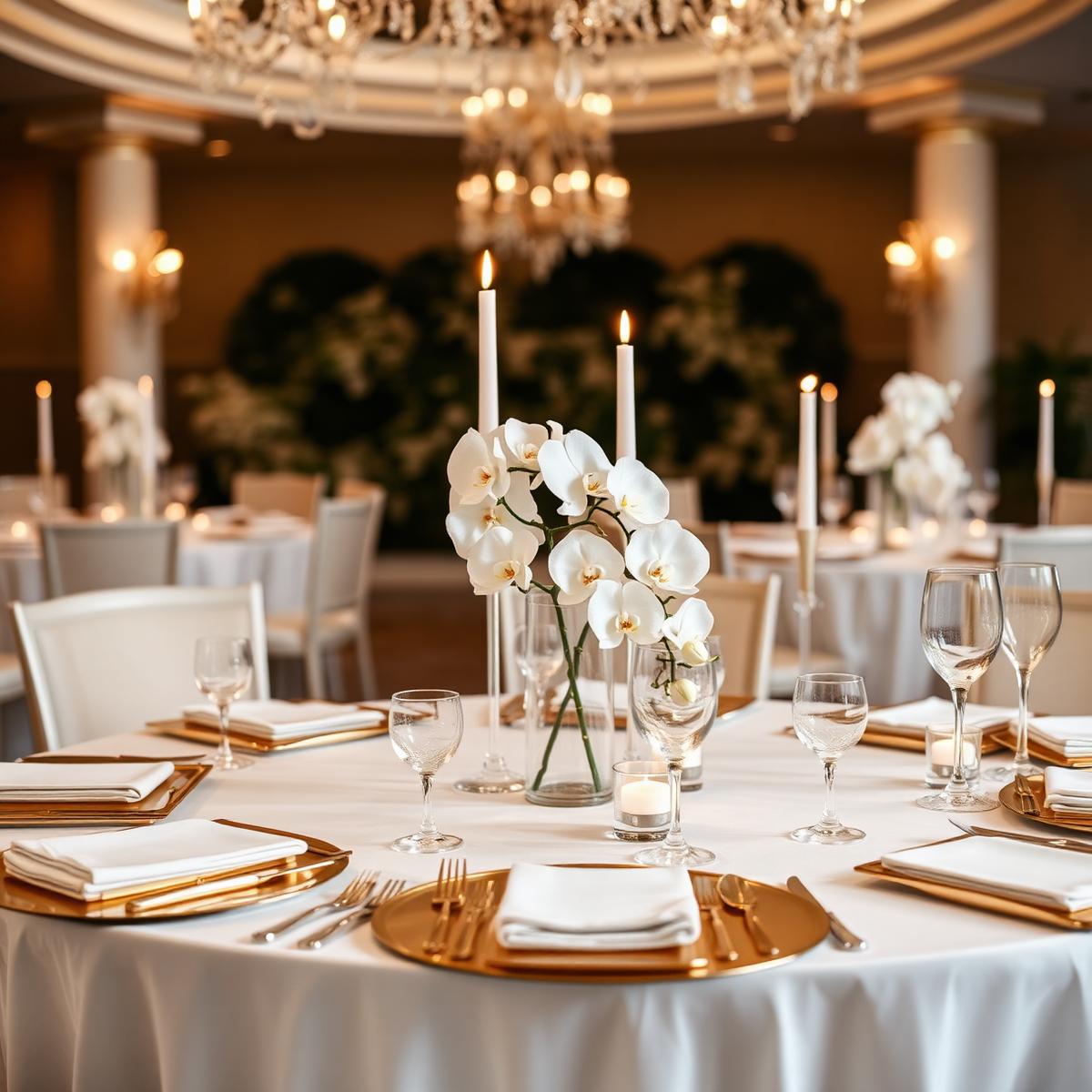 Montaje de mesa con orquídeas y vajilla dorada