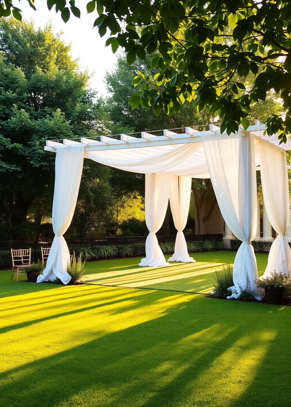 Jardín con pérgola blanca para ceremonias