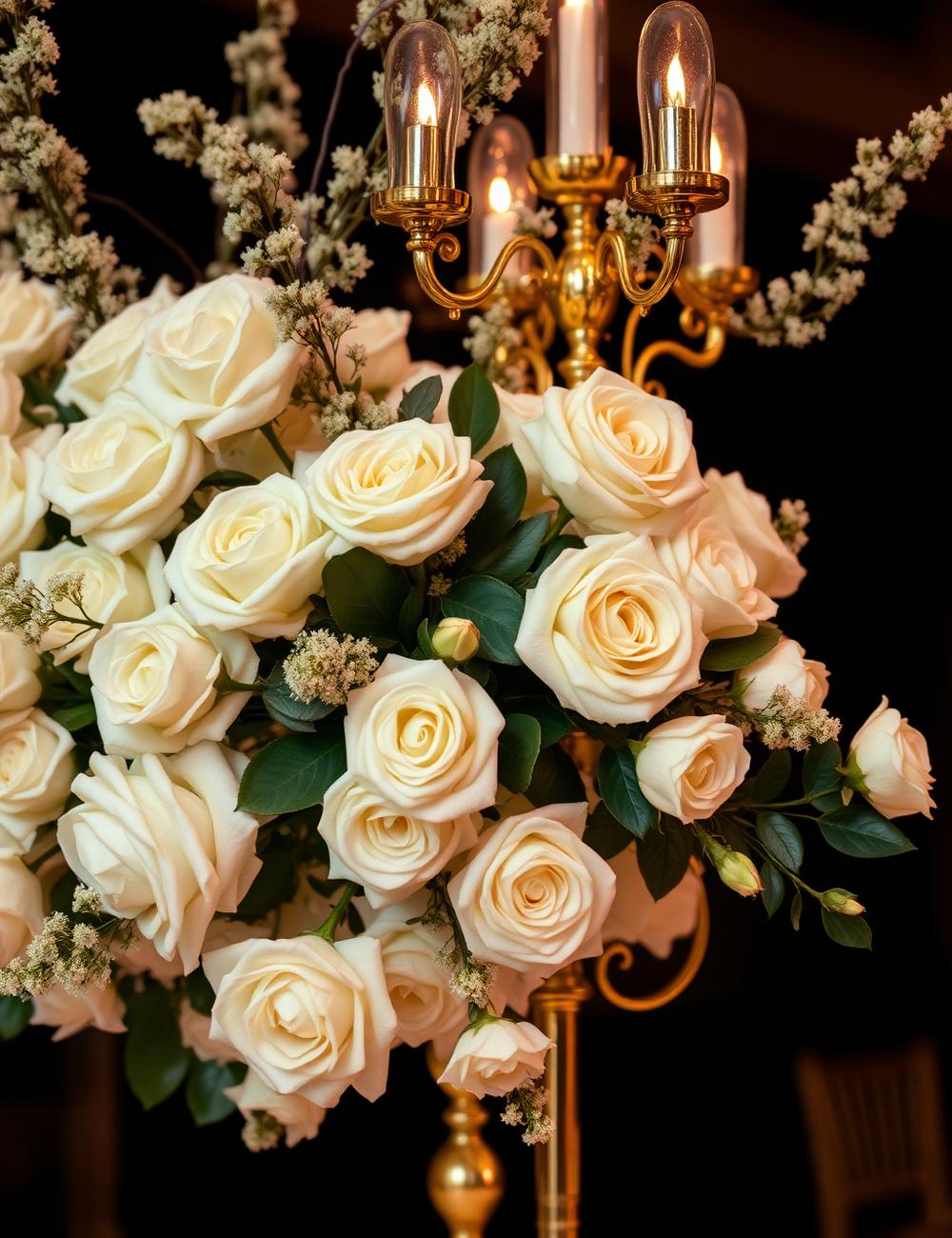 Centro de mesa con rosas champagne y candelabro dorado