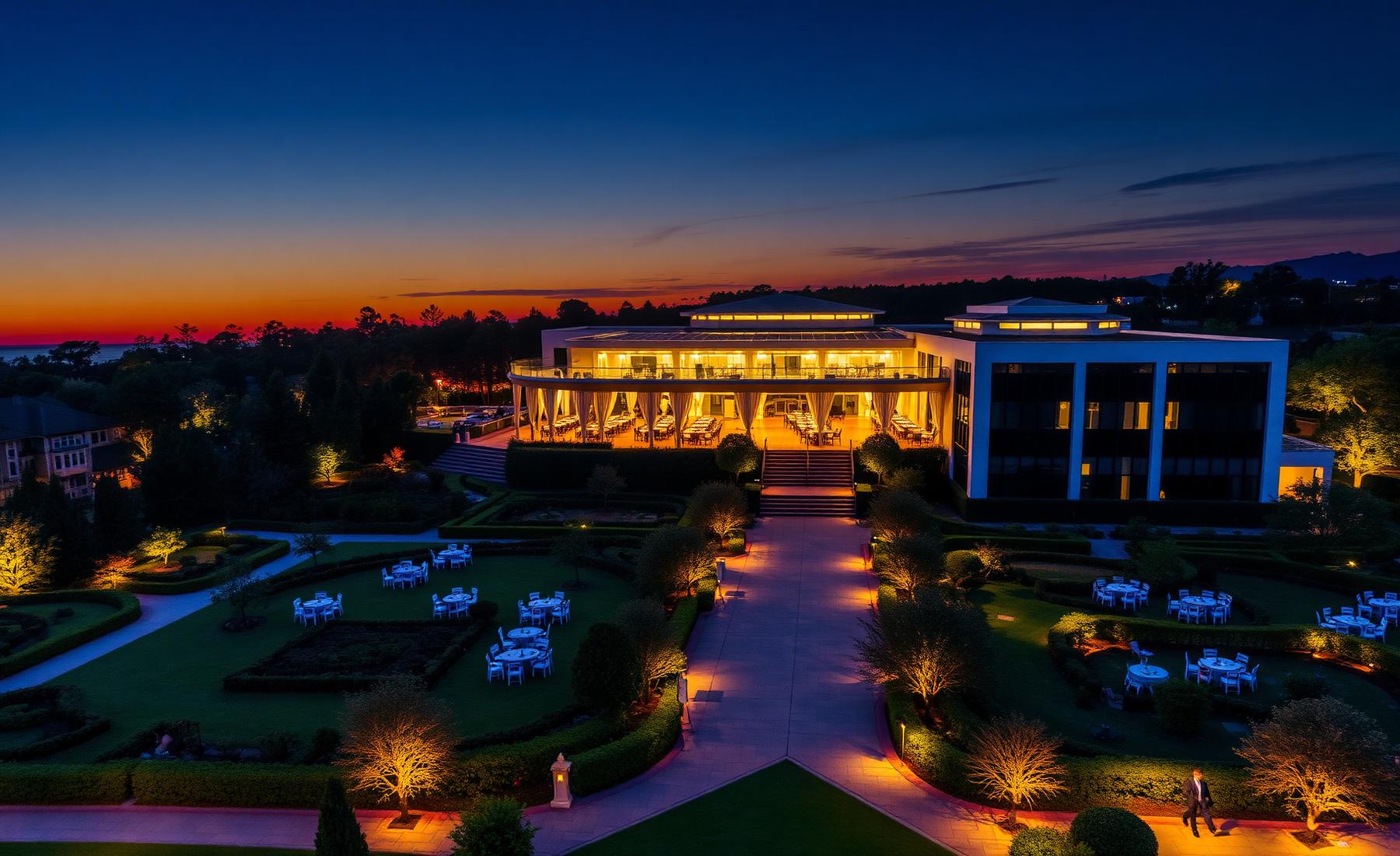 Vista aérea del salón y jardines iluminados al atardecer